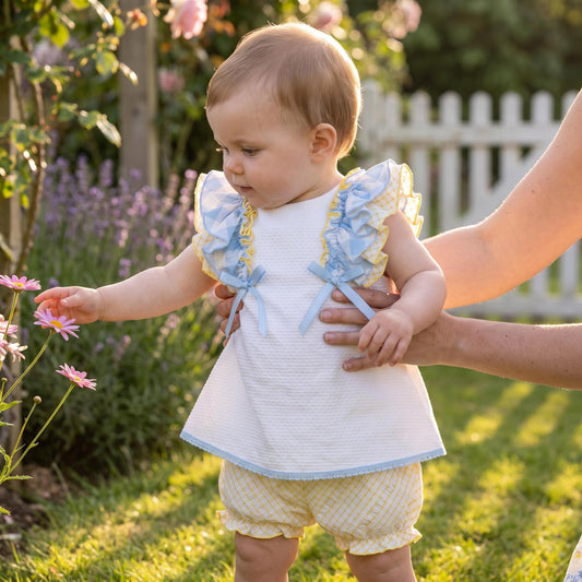 Baby Girls Blue & Yellow Waffle Frill Dress With Knickers