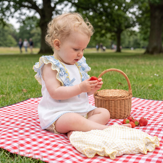 Baby Girls Blue & Yellow Waffle Frill Dress With Knickers