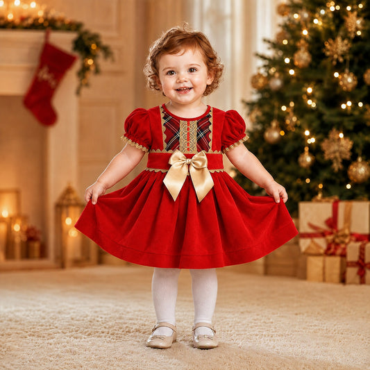 Red Velvet Tartan Puff Dress