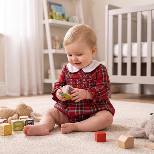 Baby Girls Red Hand Smocked Tartan Romper
