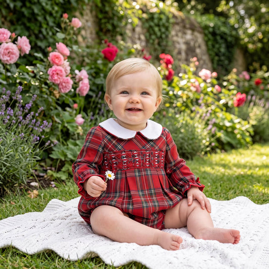 Baby Girls Red Hand Smocked Tartan Romper