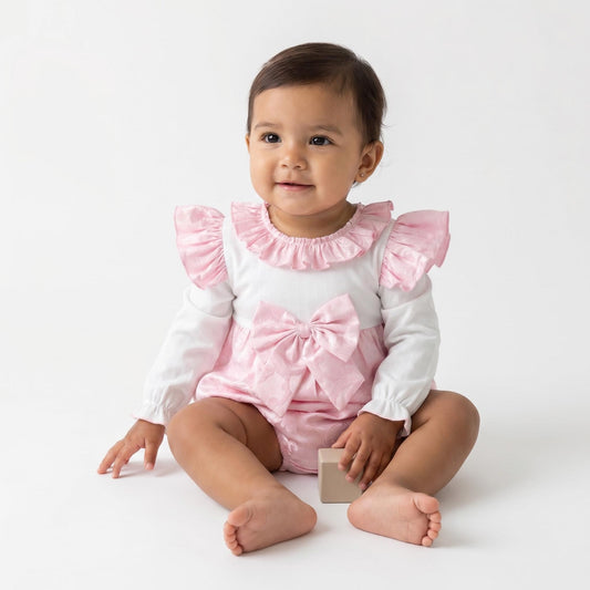 Baby Girls Pink Jacquard Frilly Romper with Bow