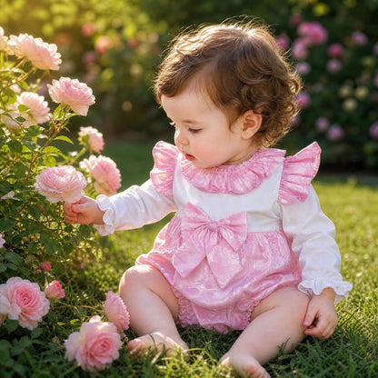 Baby Girls Pink Jacquard Frilly Romper with Bow