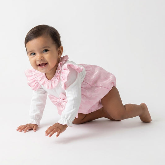 Baby Girls Pink Jacquard Frilly Romper with Bow