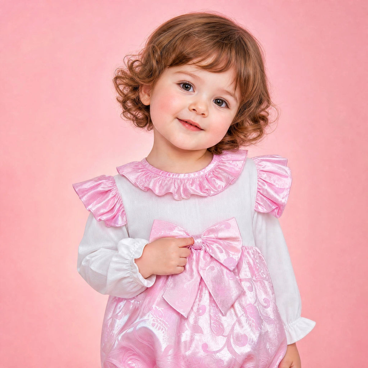Baby Girls Pink Jacquard Frilly Romper with Bow