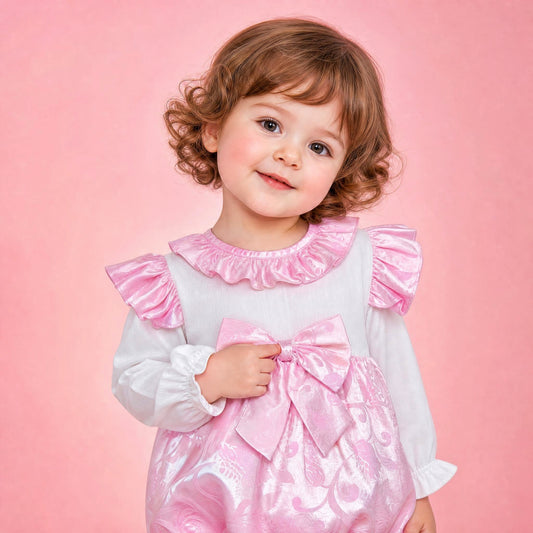 Baby Girls Pink Jacquard Frilly Romper with Bow