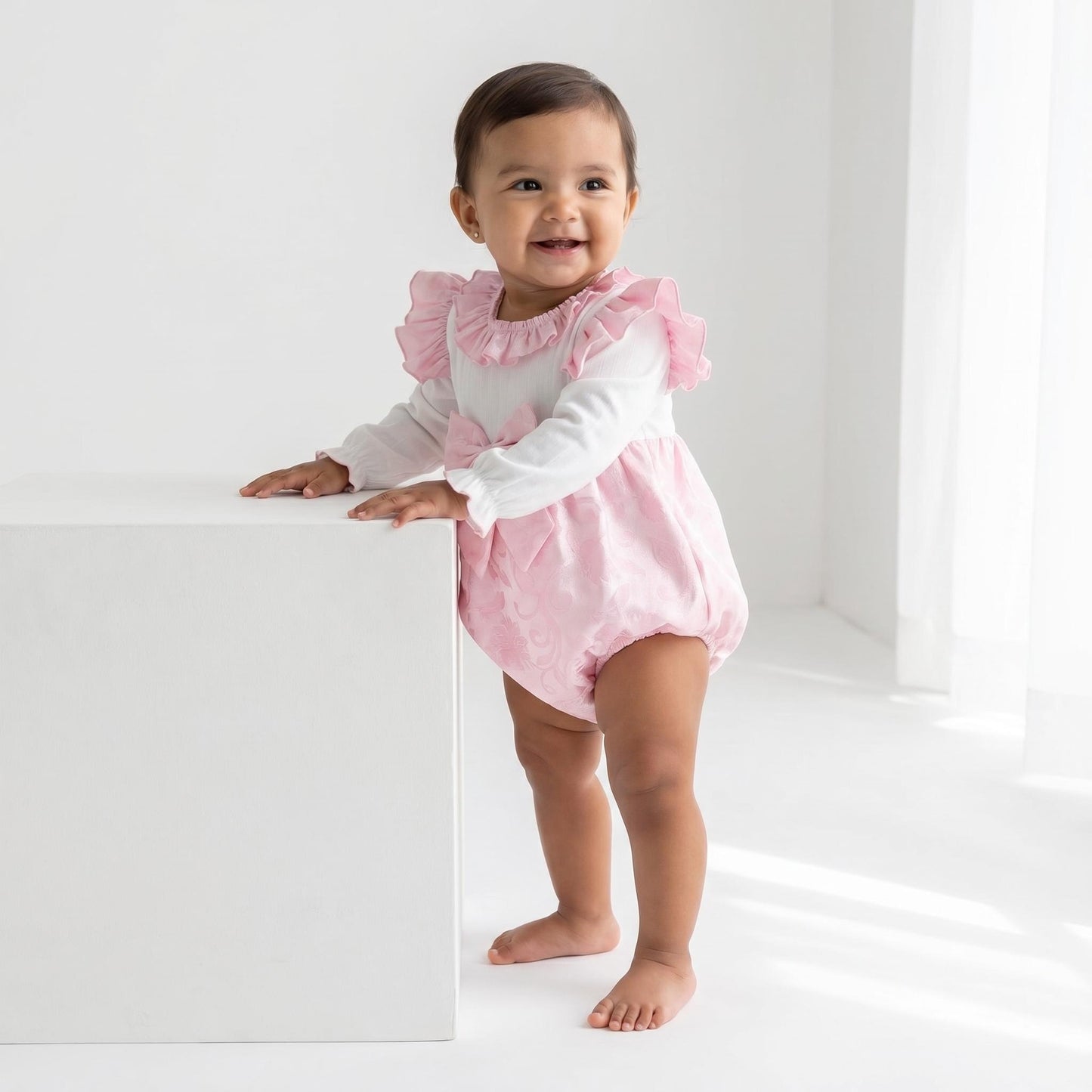 Baby Girls Pink Jacquard Frilly Romper with Bow