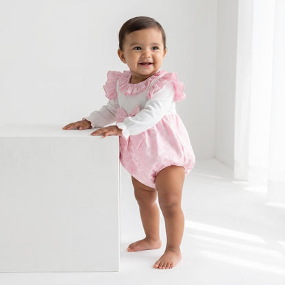 Baby Girls Pink Jacquard Frilly Romper with Bow