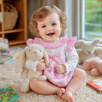 Baby Girls Pink Jacquard Frilly Romper with Bow