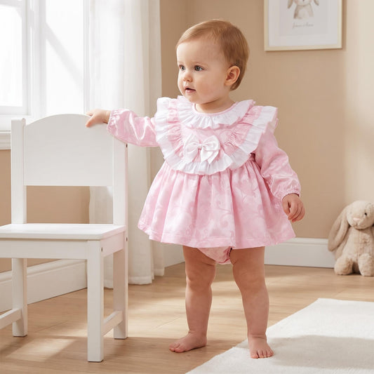 Baby Girls Pink Jacquard Collar Dress & Trousers Set