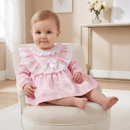 Baby Girls Pink Jacquard Collar Dress & Trousers Set