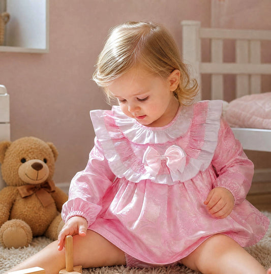 Baby Girls Pink Jacquard Collar Dress & Pants Set