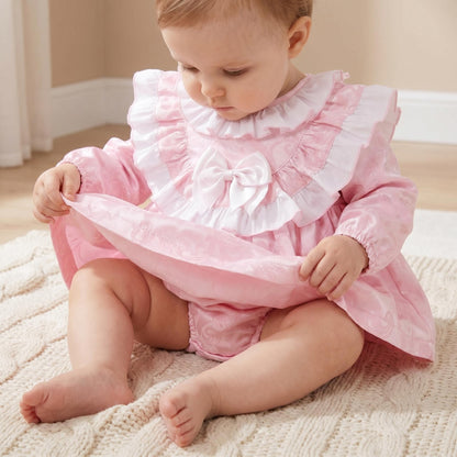 Baby Girls Pink Jacquard Collar Dress & Trousers Set