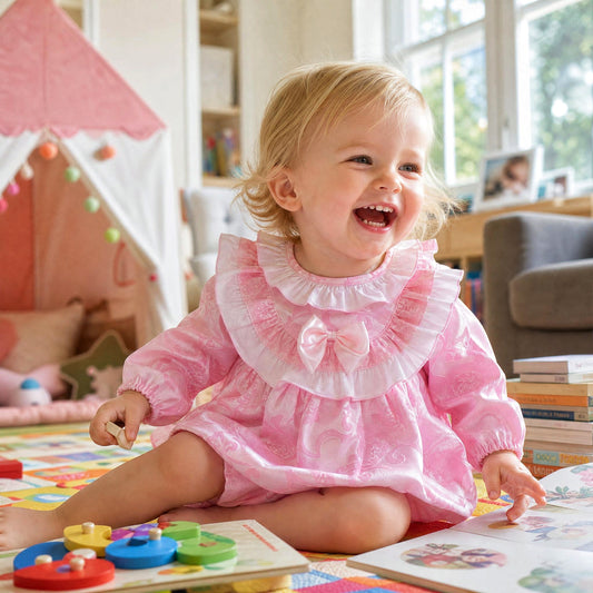 Baby Girls Pink Jacquard Collar Dress & Pants Set