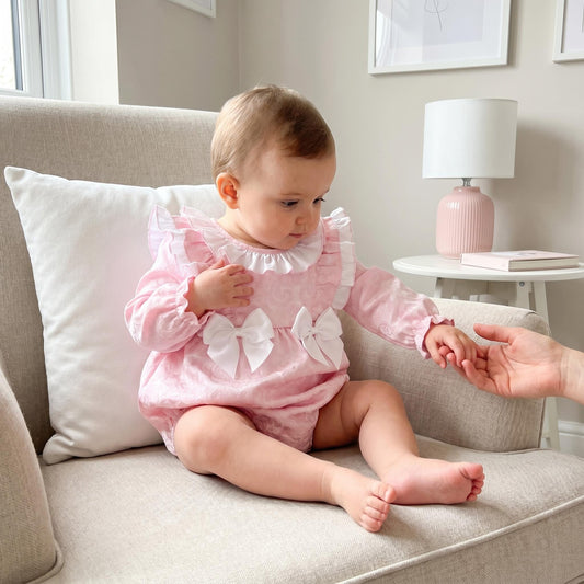 Baby Girls Pink Jacquard Frill Romper