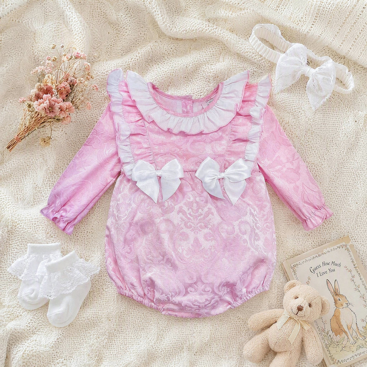 Baby Girls Pink Jacquard Frill Romper