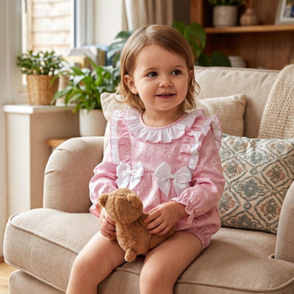 Baby Girls Pink Jacquard Frill Romper