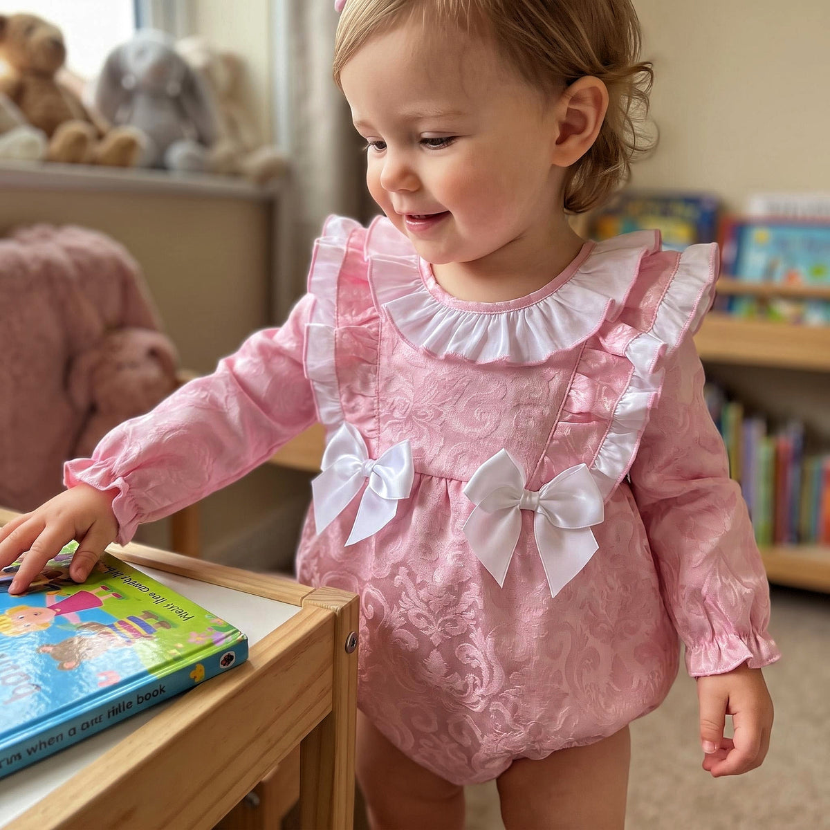 Baby Girls Pink Jacquard Frill Romper