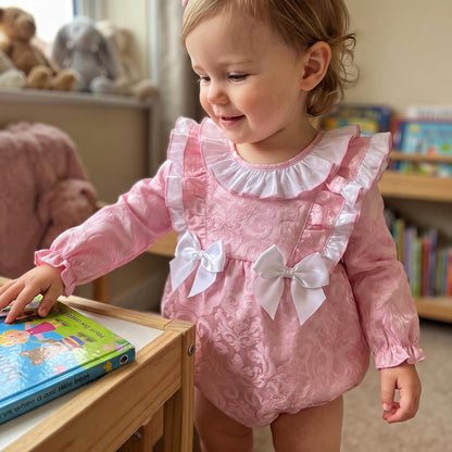 Baby Girls Pink Jacquard Frill Romper
