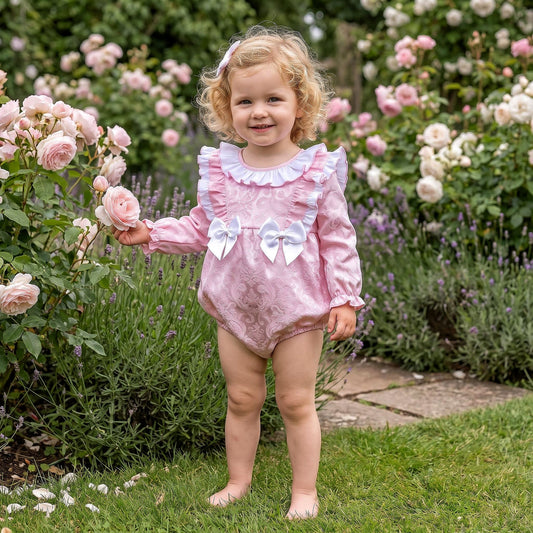 Baby Girls Pink Jacquard Frill Romper