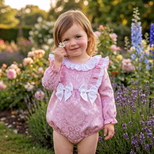 Baby Girls Pink Jacquard Frill Romper