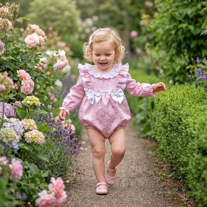Baby Girls Pink Jacquard Frill Romper
