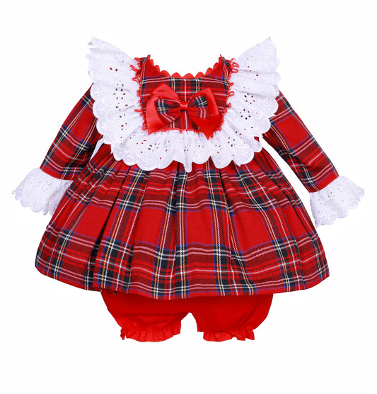 Baby Girls Red Tartan Broderie Dress with Pants