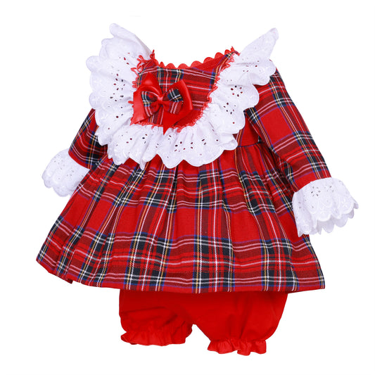 Baby Girls Red Tartan Broderie Dress with Pants