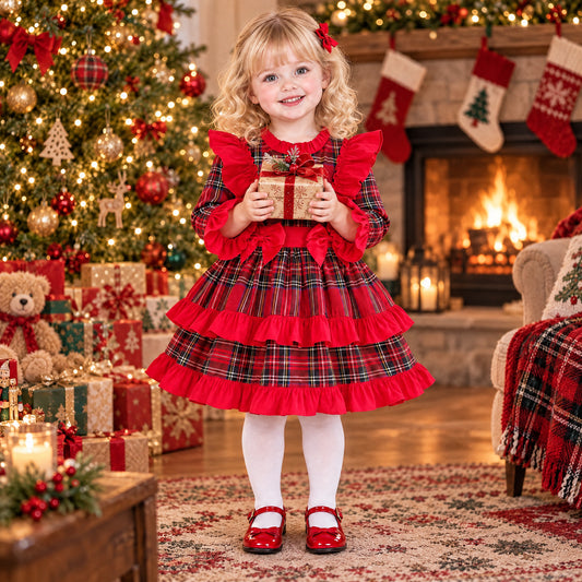 Baby Girls Red Tartan Frill Shoulder Puffball Dress