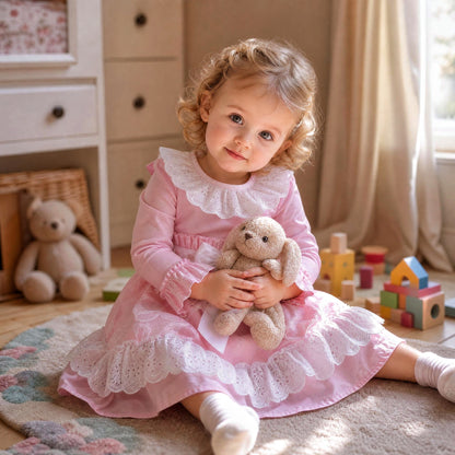 Baby Girls Pink Jacquard Lace Puffball Dress