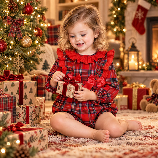 Baby Girls Red Tartan Frill Shoulder Bow Romper