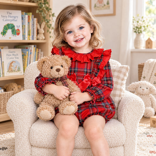 Baby Girls Red Tartan Frill Shoulder Bow Romper