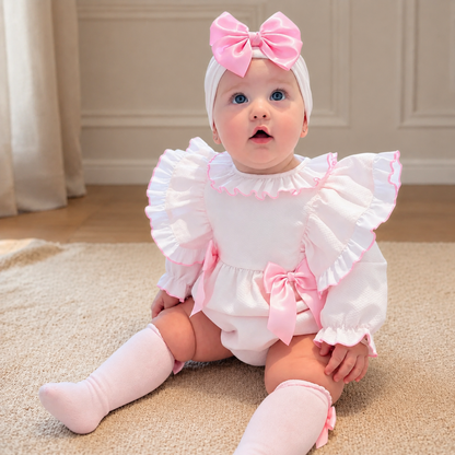 Baby Girls Pink Waffle Frilly Shoulder Romper