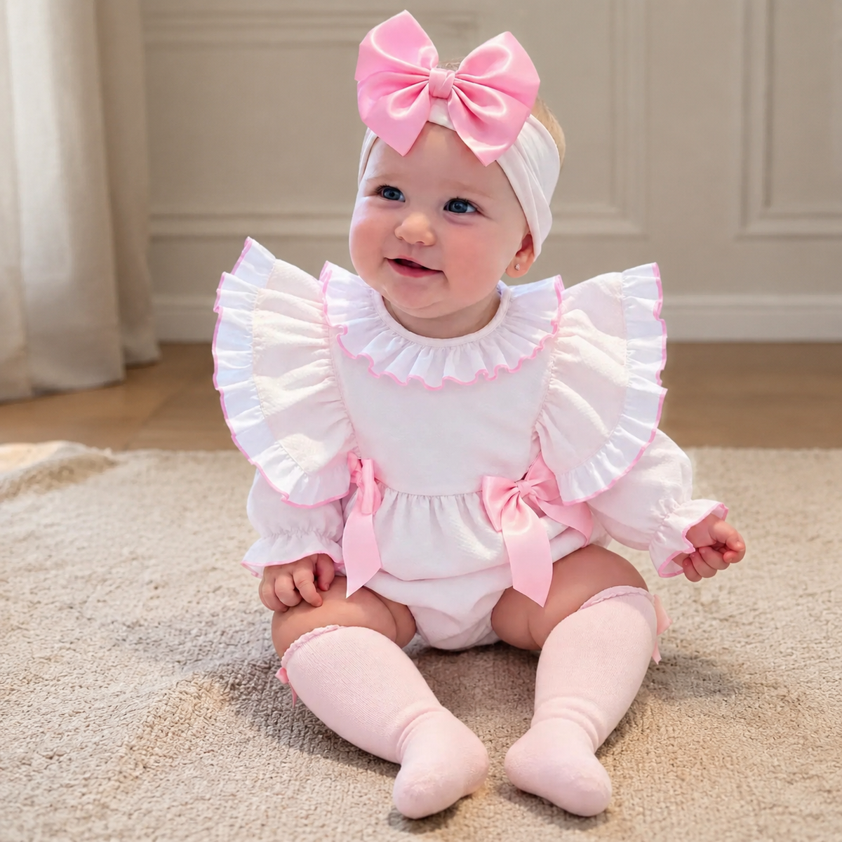 Baby Girls Pink Waffle Frilly Shoulder Romper