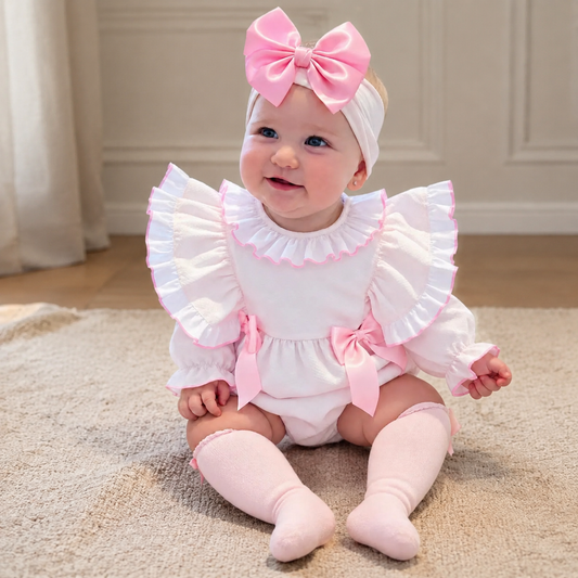 Baby Girls Pink Waffle Frilly Shoulder Romper