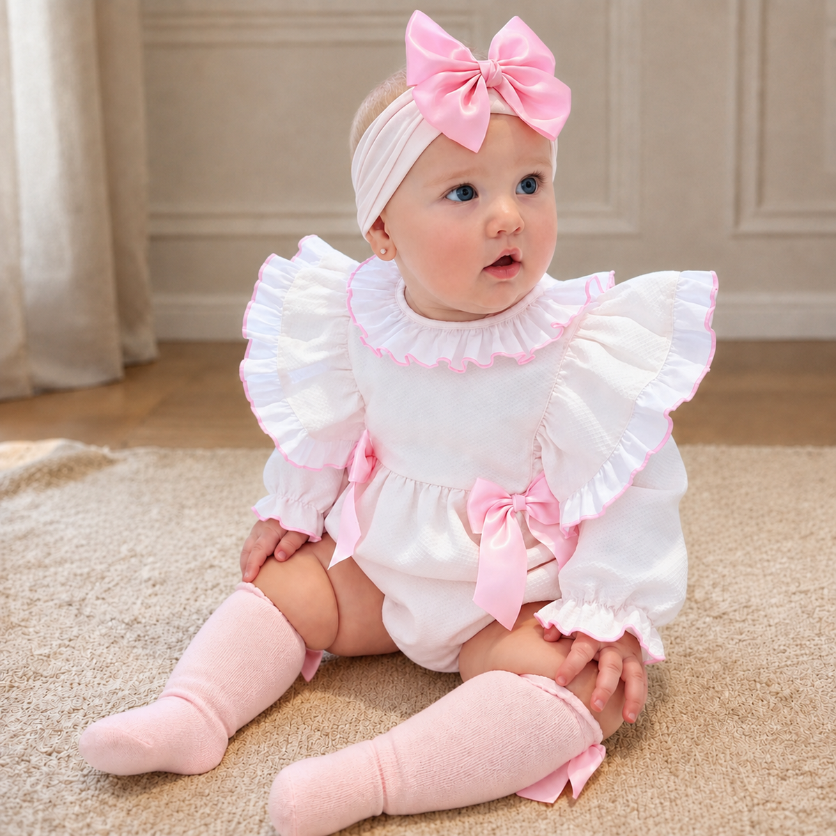 Baby Girls Pink Waffle Frilly Shoulder Romper