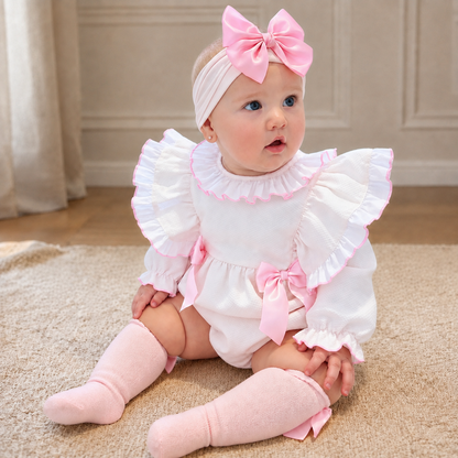 Baby Girls Pink Waffle Frilly Shoulder Romper
