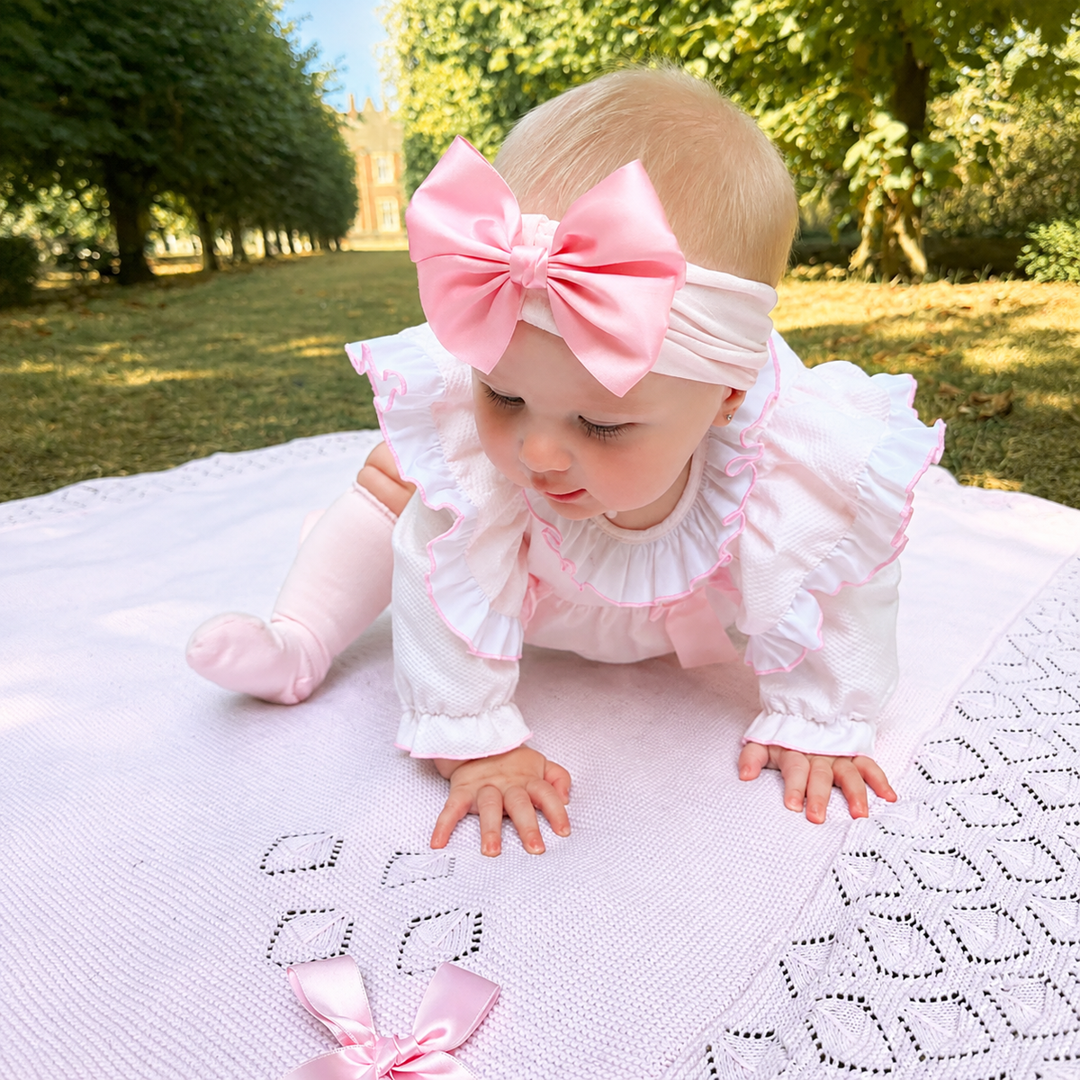 Baby Girls Pink Waffle Frilly Shoulder Romper