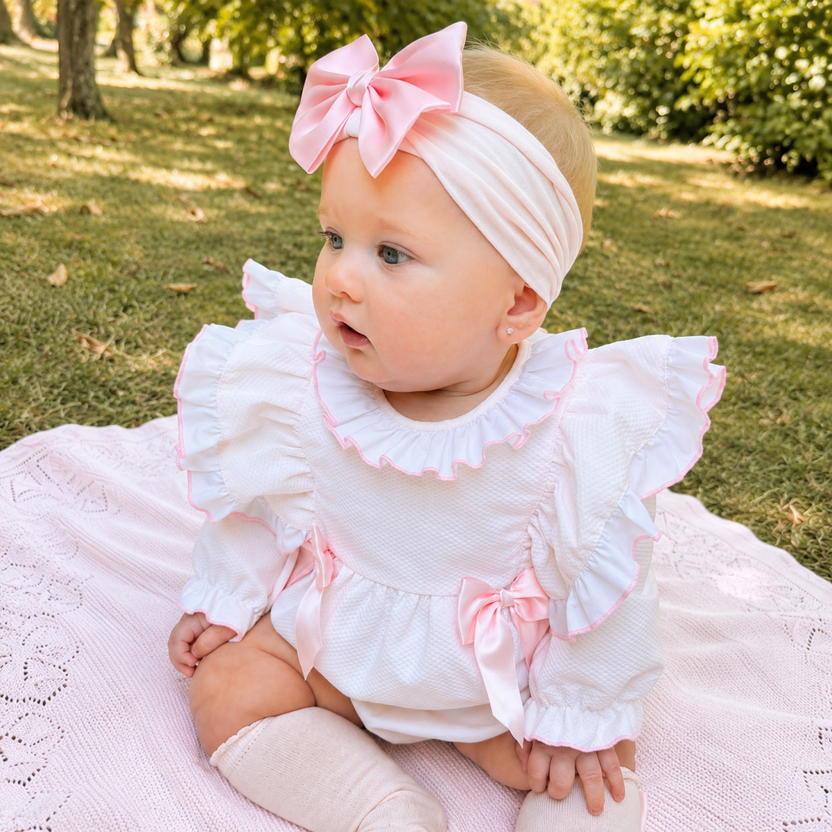 Baby Girls Pink Waffle Frilly Shoulder Romper