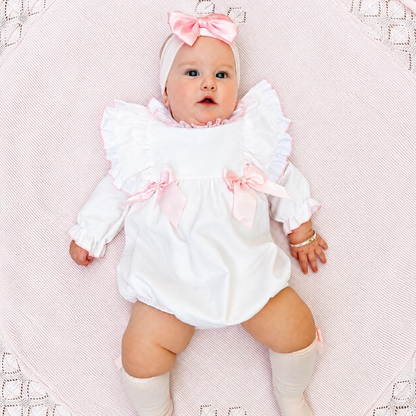 Baby Girls Pink Waffle Frilly Shoulder Romper