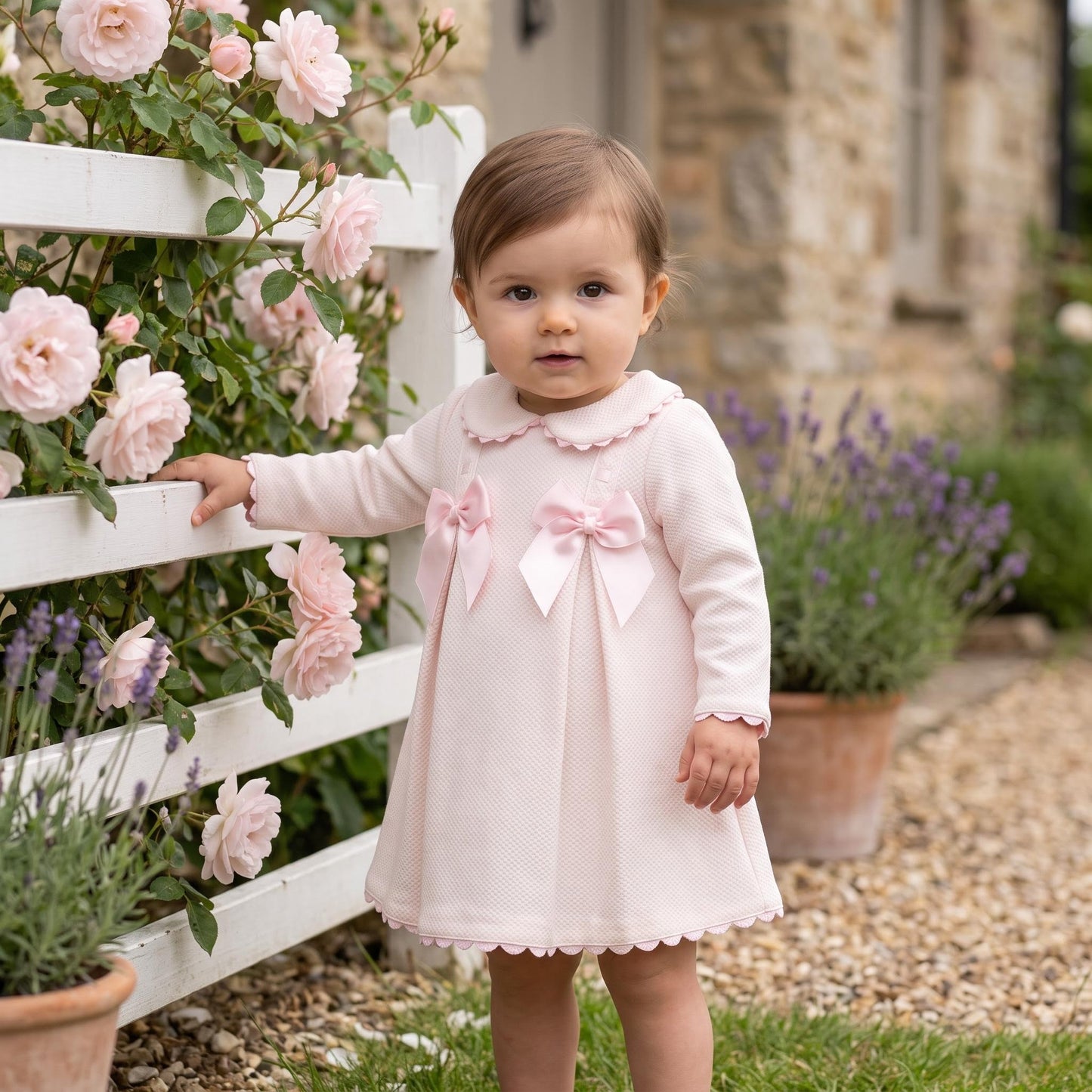 Baby Girls Pink Waffle Puff Dress with Satin Bow