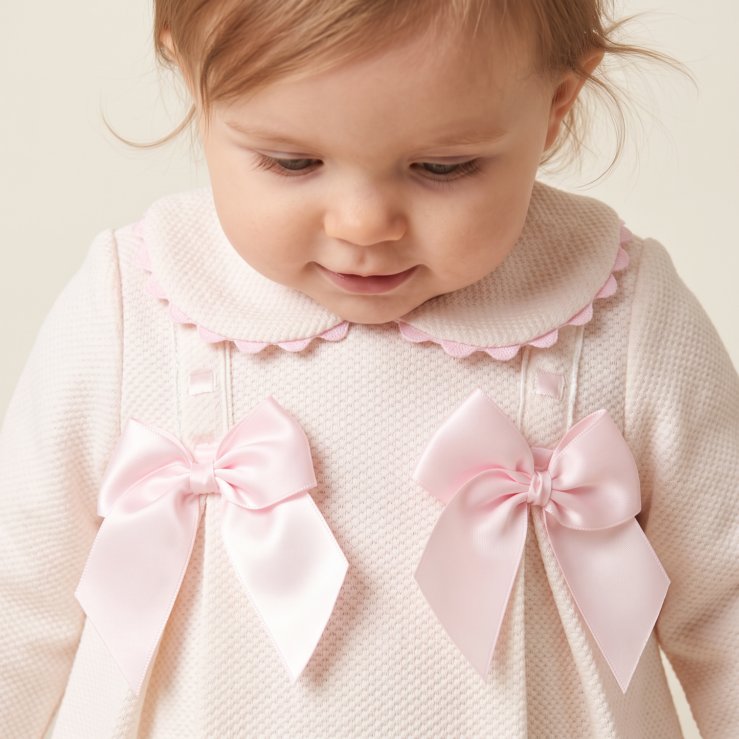 Baby Girls Pink Waffle Puff Dress with Satin Bow