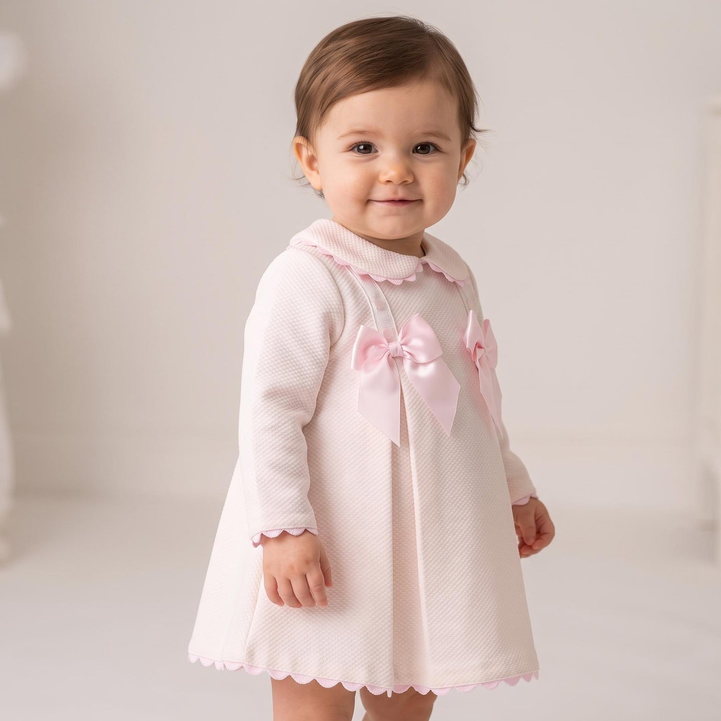 Baby Girls Pink Waffle Puff Dress with Satin Bow