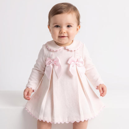 Baby Girls Pink Waffle Puff Dress with Satin Bow