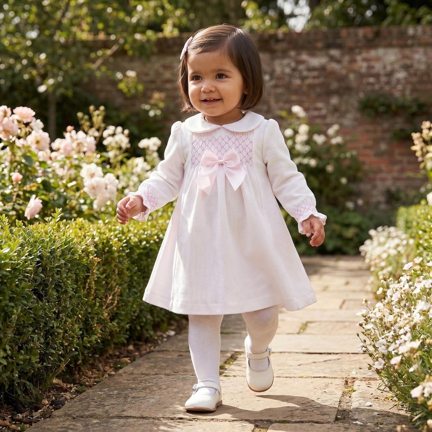 Baby Girls Pink Waffle Smocked Puff Dress