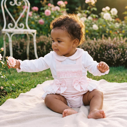Baby Girls Pink Waffle Frilly Bottom Romper With Shirt