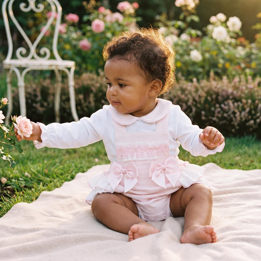 Baby Girls Pink Waffle Frilly Bottom Romper With Shirt