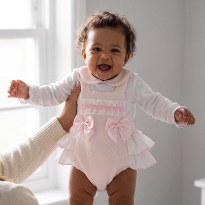Baby Girls Pink Waffle Frilly Bottom Romper With Shirt
