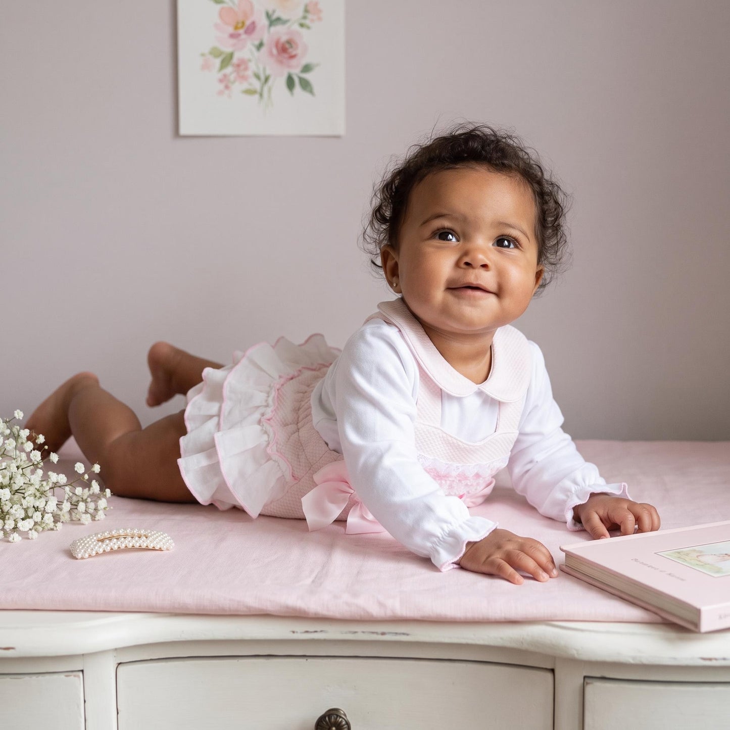 Baby Girls Pink Waffle Frilly Bottom Romper With Shirt