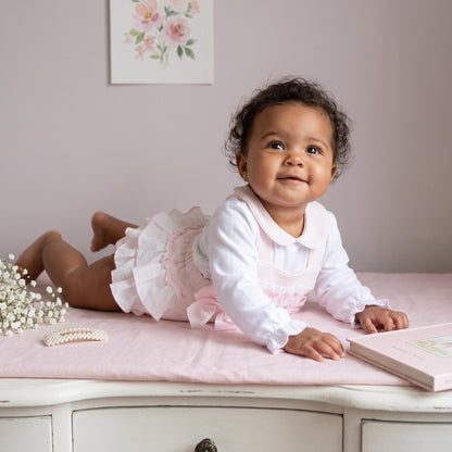 Baby Girls Pink Waffle Frilly Bottom Romper With Shirt